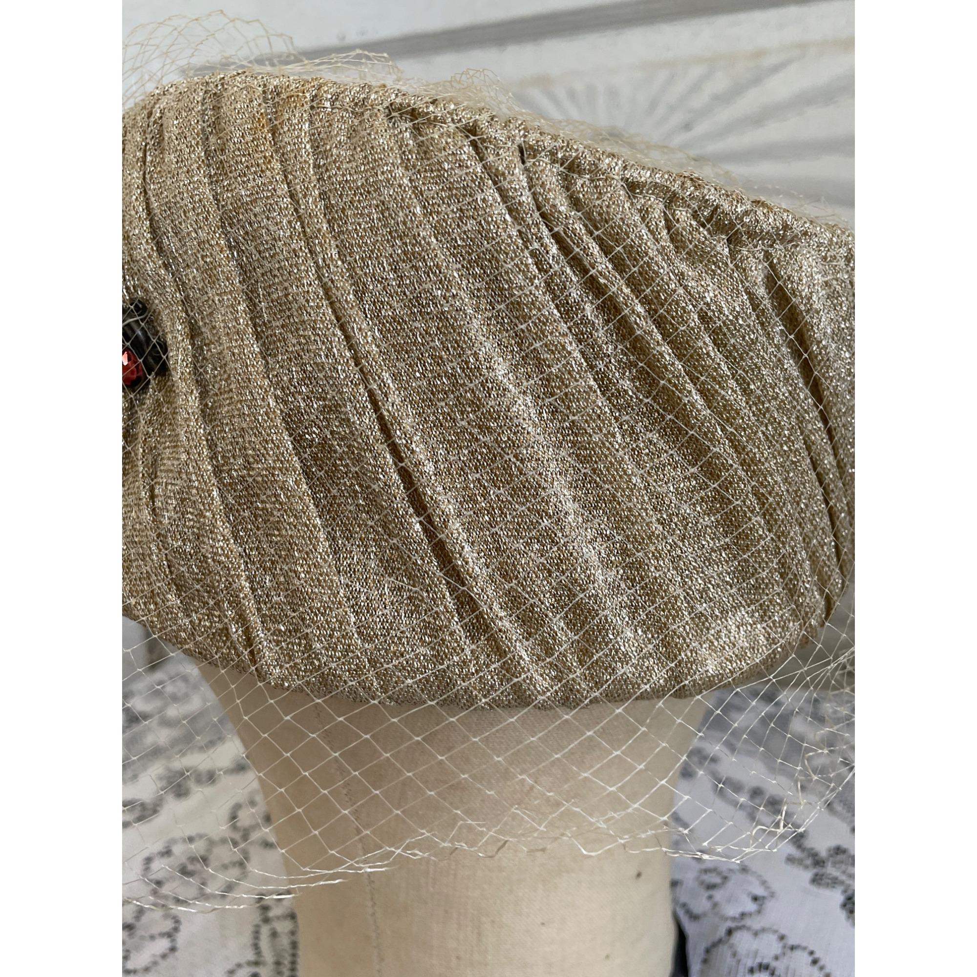 Vintage 1960s Gold Metallic Cloche Hat With Rhinestone  display picture 3