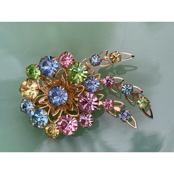 Vintage 1950s Rhinestone Brooch Flower Comet Spray Pastel Stones