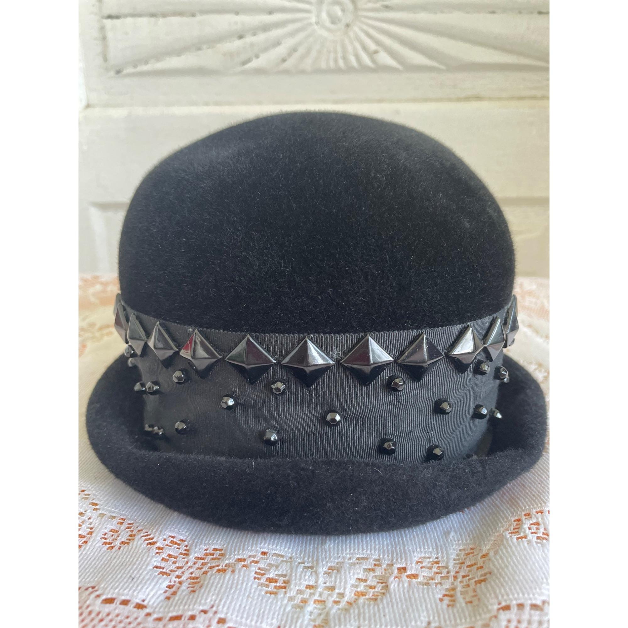 Vintage 1940s  Black Felt Bowler Hat With Studded Ribbon Band Vintage 1940s Black Felt Bowler Hat With Studded Ribbon Band  main image 4