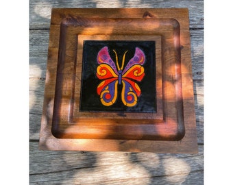 Vintage MCM Teak Wood Style Footed Tray Trivet Tile Butterfly