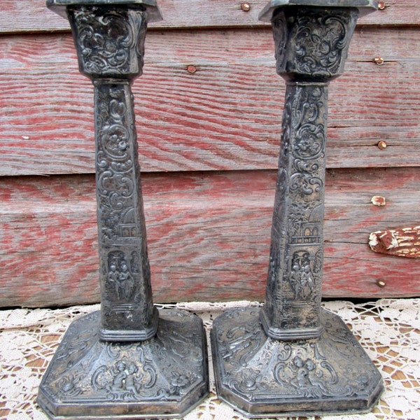 Antique WB Mfg. Co.Weidlich Bros. CANDLE HOLDERS Repousse Cherubs wedding Scene
