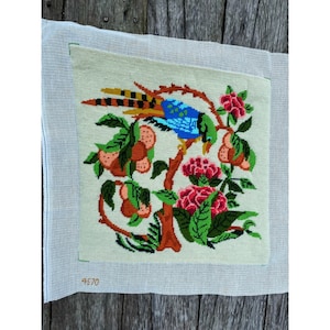 Vintage completed Needlepoint Picture Unframed Bird Flowers