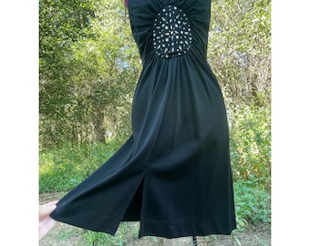 Vintage 1970s Slinky Black Dress With Glass Rhinestones S/M