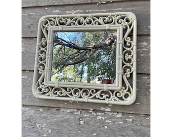 Vintage 1970s Syroco Homco White Faux Wicker Rattan Wall Mirror 14.5x12.5