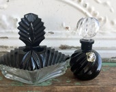 GOLDEN CROWN E&R Germany Black Crystal PERFUME Bottle With Powder Vanity Box