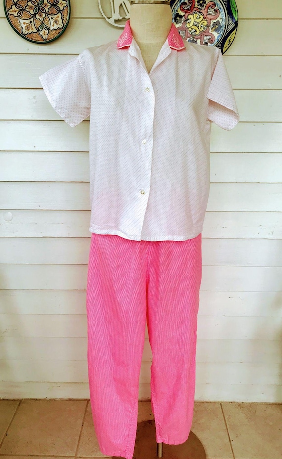 Vintage 60’s Pink Dot Pajama Set Shirt Pants S/M - image 1