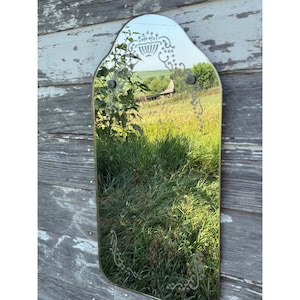 Vintage 30's Frameless Arched Wall MIrror 24x12" Etched Floral Rosettes