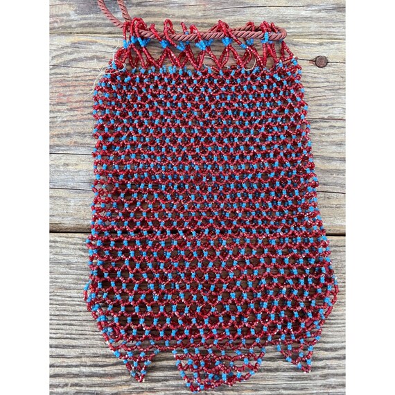 Antique Glass Beaded Pouch Draw String Purse Red … - image 5
