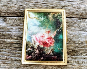 Vintage Photo Holder Case Silk Painting “The Swing” Victorian Lady