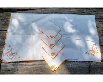 Vintage 1950s Cotton Tablecloth Napkin Set Embroidered Butterfly