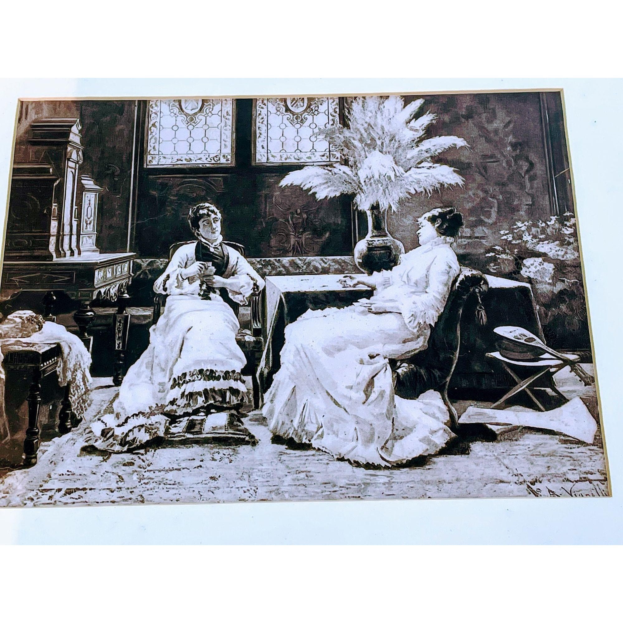Antique Victorian Etching Picture Ladies Playing Cards Etsy UK