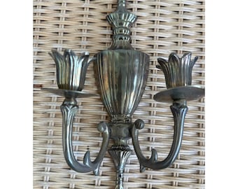 Vintage 70's Brass Wall Double Arm Taper Candle Holder Sconce