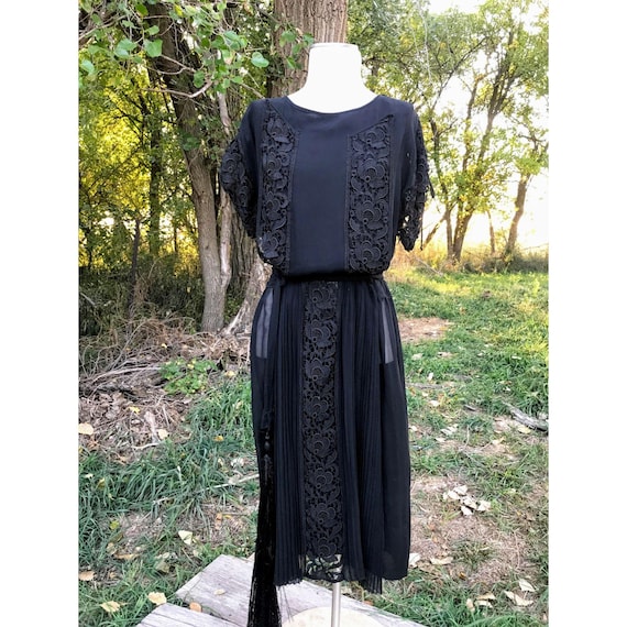 Antique 1920s Silk Chiffon Lace Dress Lace Tassel