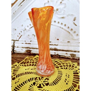 Vintage Art Glass Stretch Vase Ruffled Spattered End of Day MCM Orange