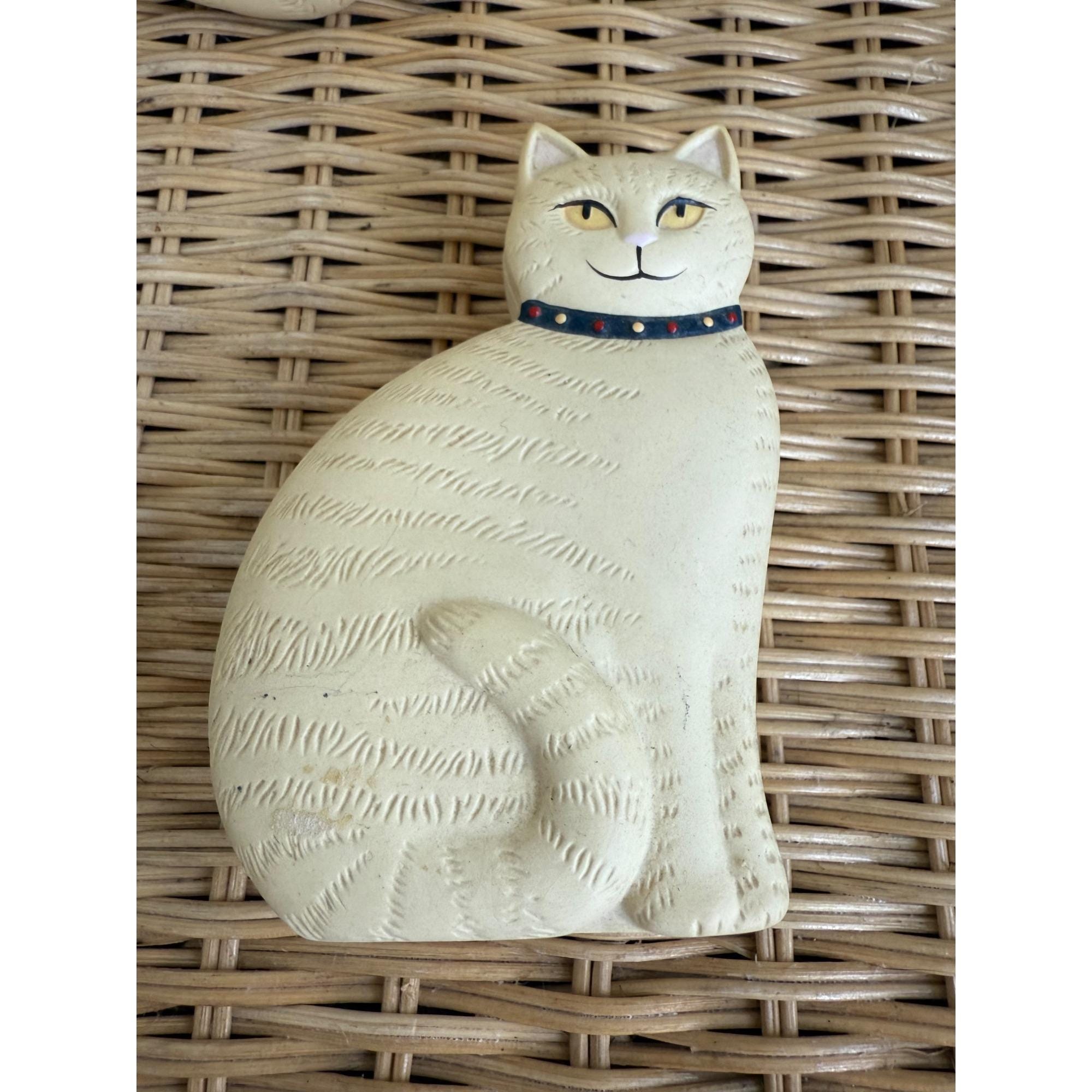 Vintage 80s Bisque Ceramic Set Yellow Cat Figurine and Trinket Box