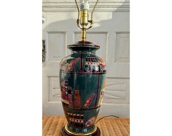 Vintage 90's Table Lamp Porcelain Jar Enamel Painted Books Vases Library