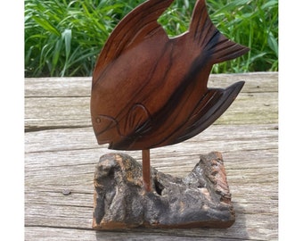 Vintage MCM Carved Wood Tropical Fish Sculpture on Drift Wood