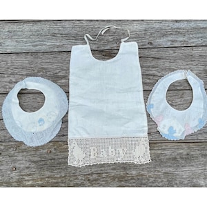 Antique 1930s Baby Bib Lot Linen crochet Lace Embroidery