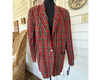 Vintage 80s Tofy Cotton Seer Sucker Tartan Red Plaid Womens Blazer NWT Sz10