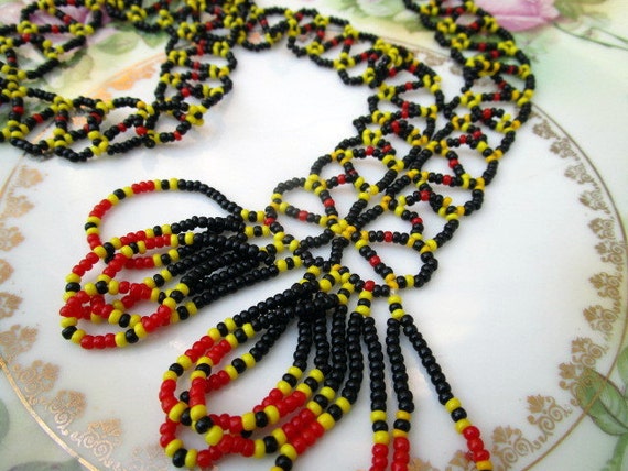 Vintage woven Beaded Necklace Lariat Tassel South… - image 1