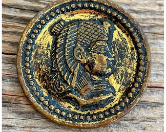 Antique Brass Metal Picture Button Egyptian Pharaoh 1 3/8"