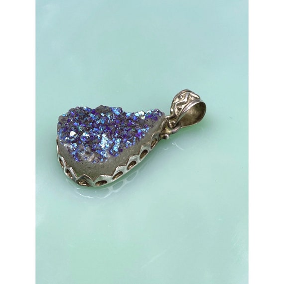 Vintage 925 Silver Pendant Blue Quartz Druzy - image 2