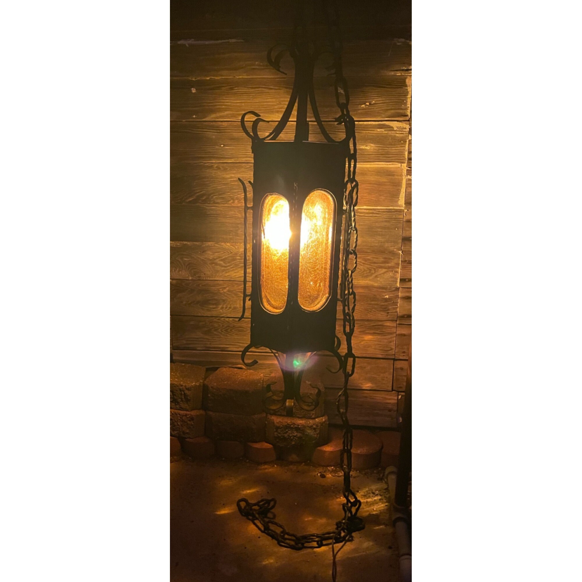 Vintage MCM Spanish Gothic Swag Lamp Wood Amber Glass Iron Vintage MCM Spanish Gothic Swag Lamp Wood Amber Glass Iron