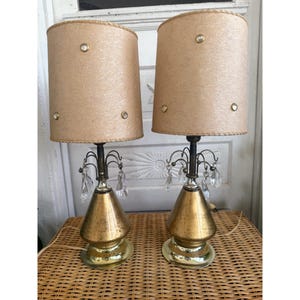 MCM Pair Lamps Gold Glass Waterfall Crystal Base Fiberglass Shades Rhinestones
