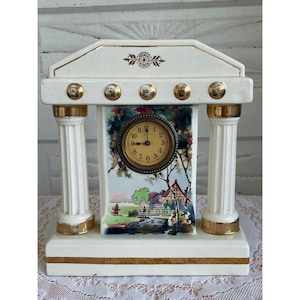 Antique German Mechanical Mantle Clock Pillars Hand Painted Porcelain Not Working