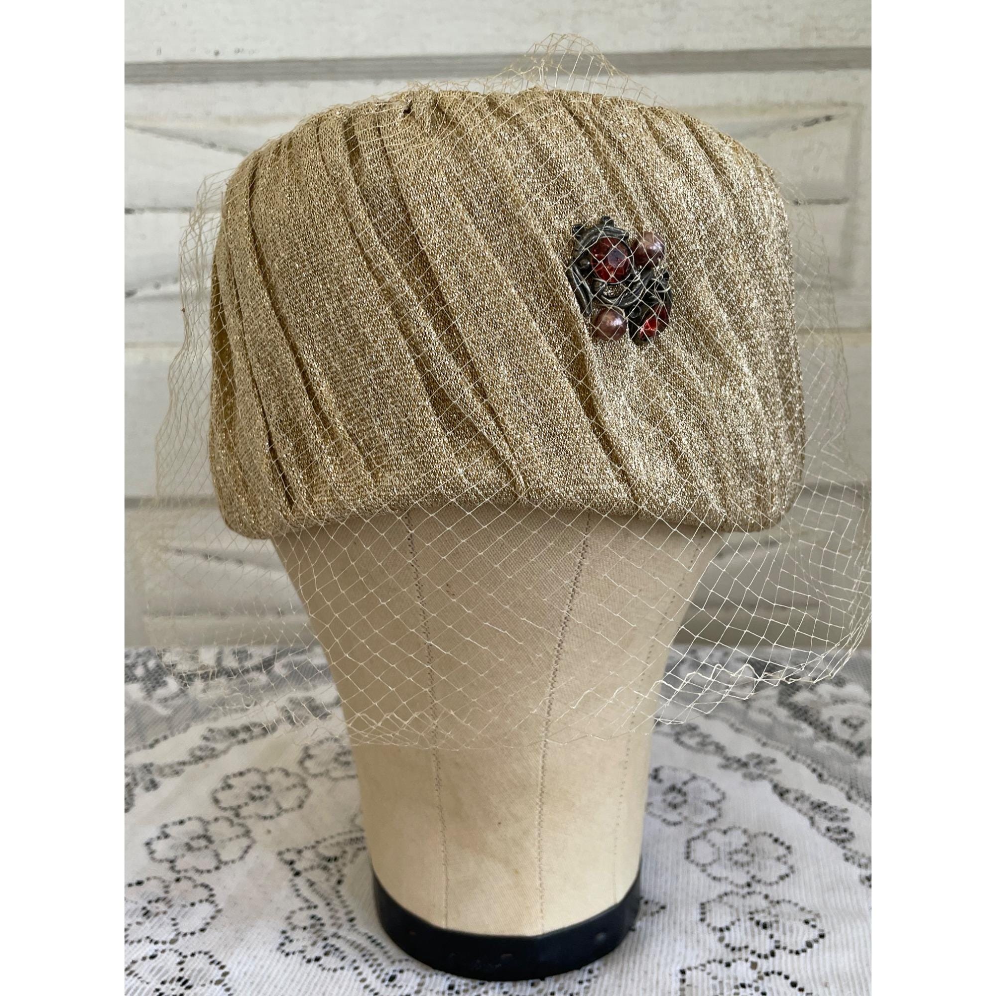 Vintage 1960s Gold Metallic Cloche Hat With Rhinestone Brooch Netting Vintage 1960s Gold Metallic Cloche Hat With Rhinestone  main image 2