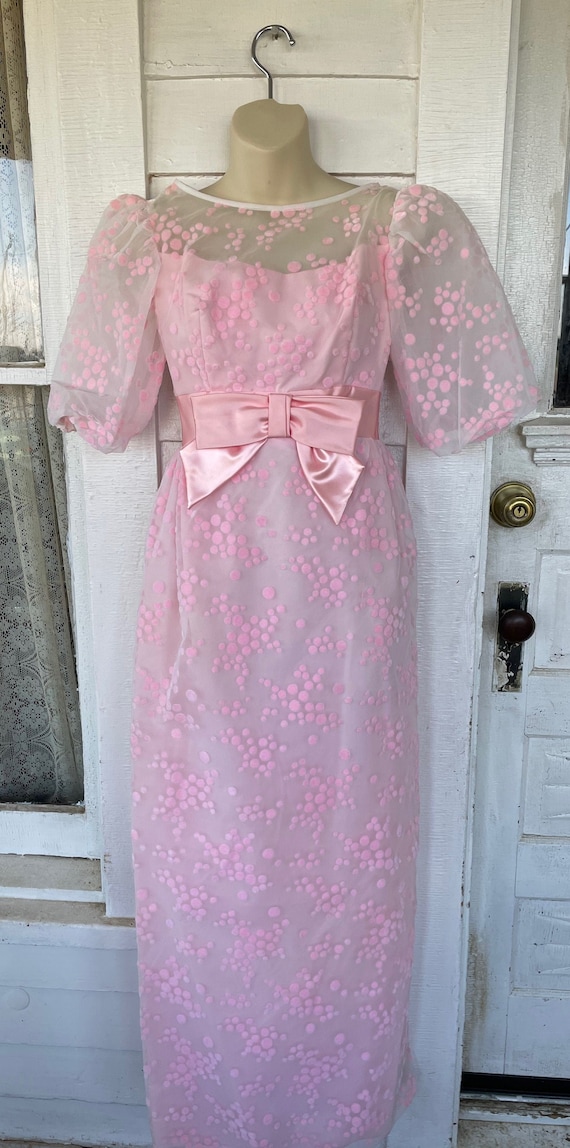 Vintage 1960s Pink Flocked Maxi Dress