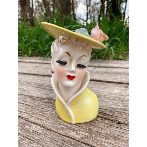 Vintage 1960s Glamour Girl Vase Head Yellow, Big Eyelashes, Hat