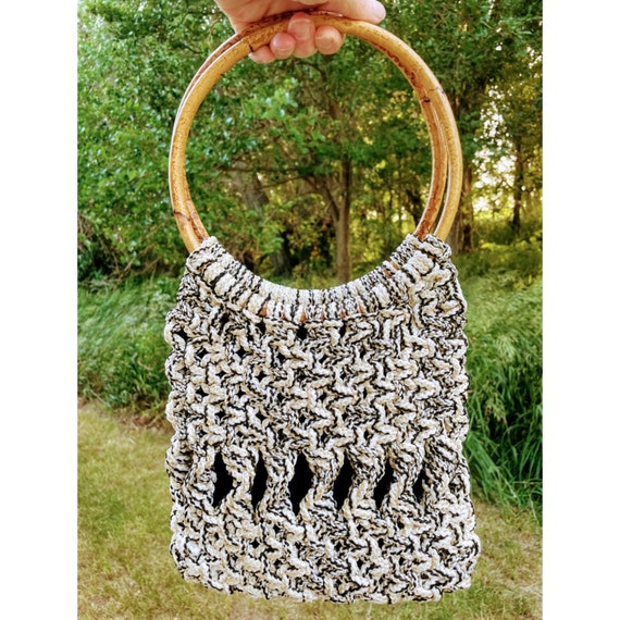Vintage 1970s Macrame' Purse Bamboo handle Hippy Boho Gem