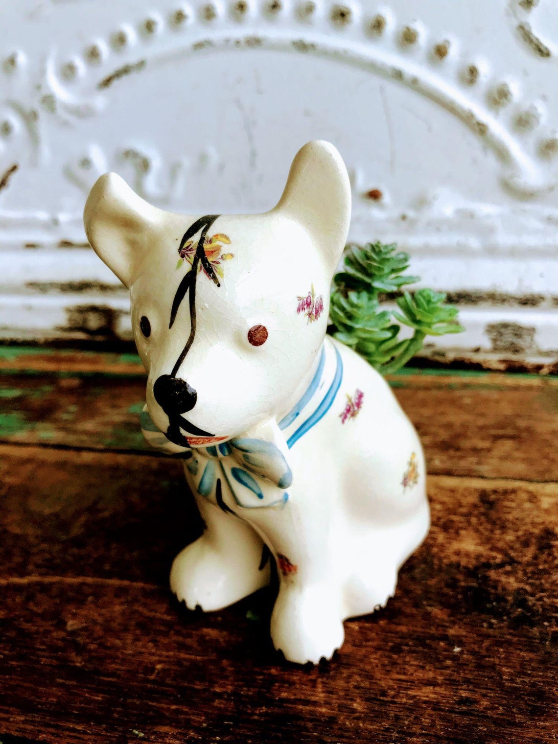 Vintage Dog Planter Vase Floral Hand Painted With Bow - Etsy