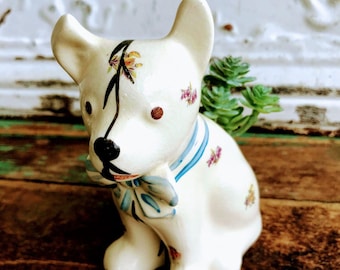 Vintage Dog Planter Vase floral hand painted with bow