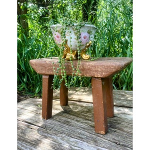 Antique Shabby Carved Wood Small Folk Art Stool Plant Stand