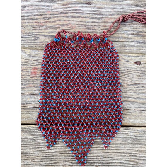 Antique Glass Beaded Pouch Draw String Purse Red … - image 9