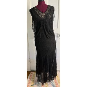 Antique 1920s Black Chantilly Lace Silk Flapper Dress XS