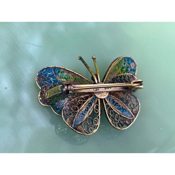 Vintage 800 Silver Enamel Filligree Butterfly Bro… - image 8