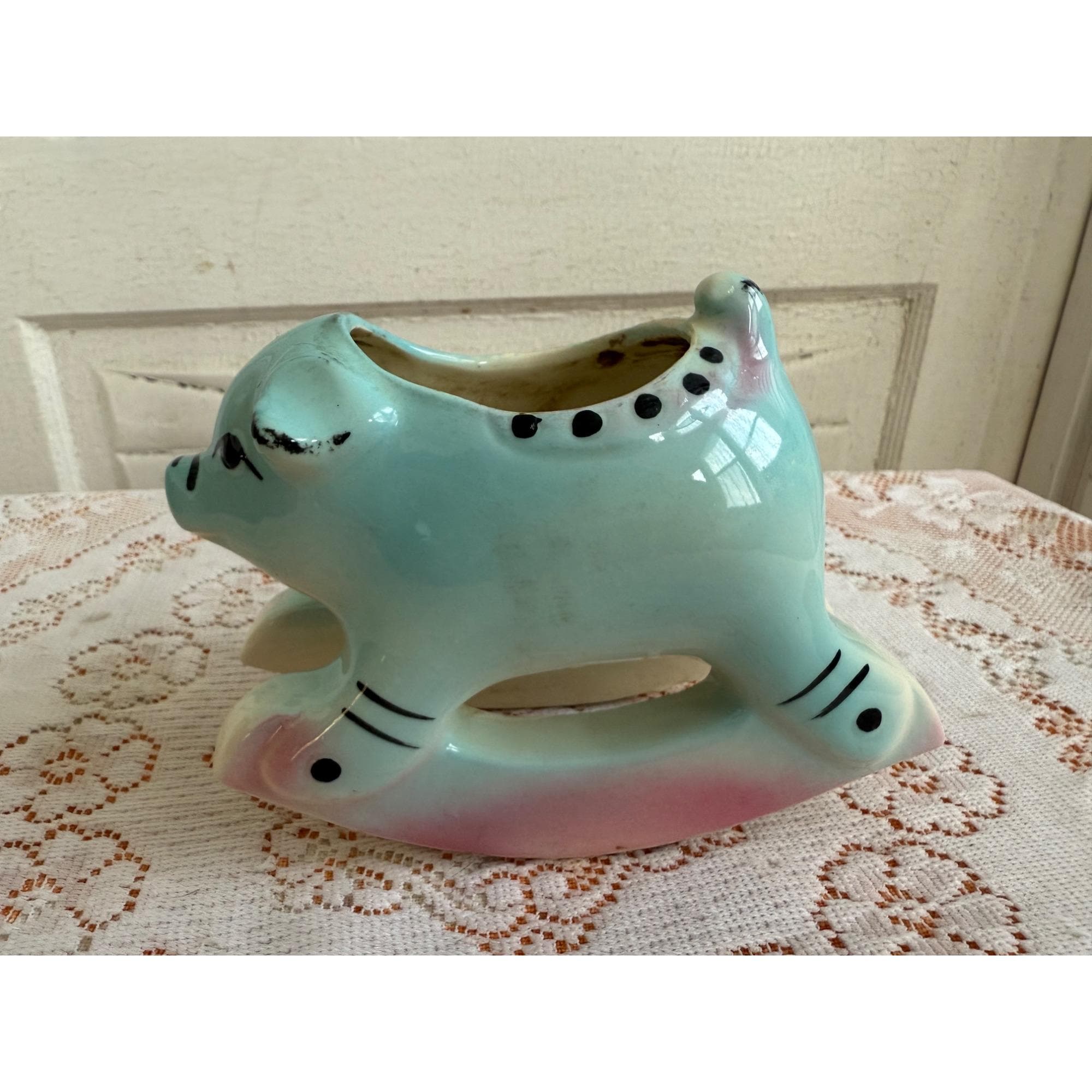 Vintage 50's Rocking Horse Pig Planter Blue Pink - Etsy