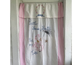 Antique 1920s Seer Sucker Cotton Curtain Embroidery Miss Muffet Spider Valance