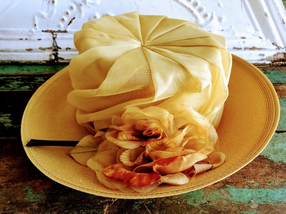 Vintage Mustard Big Flower Wide Brim Straw Hat Wi… - image 1