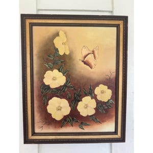 Vintage 70&#39;s Framed Acrylic signed Painting Butterfly Dogwood Flowers