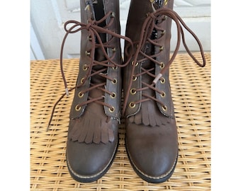 Vintage 70s Brown Bronco Kiltie Lace UP Roper Boots Womens size 4