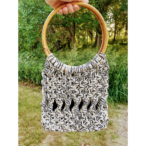 Vintage 1970s Macrame' Purse Bamboo handle Hippy Boho Gem