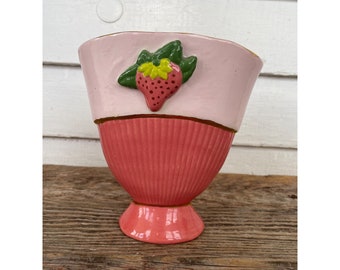 Vintage 1960s Red wing Pottery Fan Vase Strawberry Embellished Retro