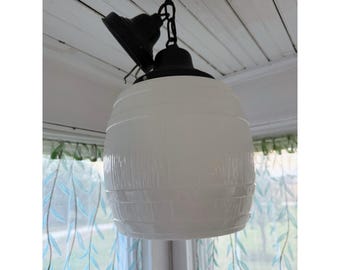 Vintage 50's Milk Glass Shaped Whisky Barrel Pendant Tavern Light Farmhouse