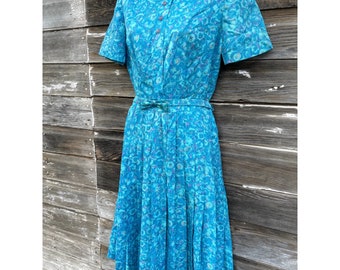 Vintage 1960s Pleated Blue Dress Glass Button Bow Belt