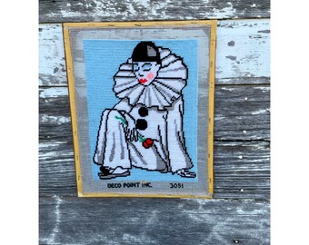 Vintage 1980s Needlepoint Picture Pierrot Clown Mounted/unframed