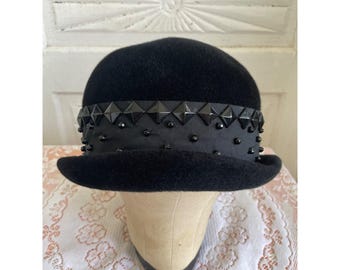 Vintage Black LiteFelt Wool Hat Gold Studded Steampunk Western Bowler Style USA Vintage Black Litefelt Wool Hat Gold Studded Steampunk  main image 4